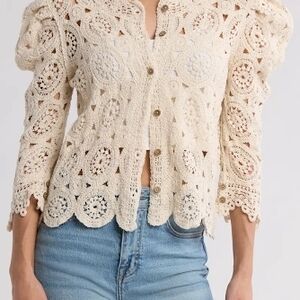 LIV Los Angeles Crochet Button Top Beige L | Boho Lace Blouse